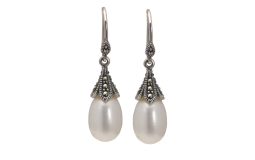 Silver marcasite fresh water pearl drop earrings